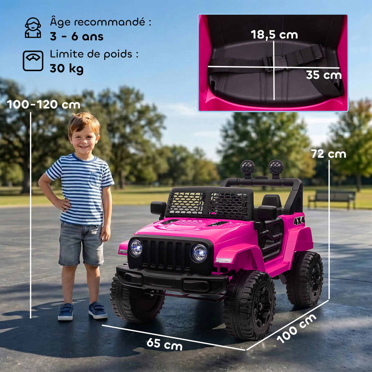 Coche eléctrico infantil, tracción trasera, 12 V, máx. 5 km/h, control remoto, efectos luminosos y sonoros, 100x65x72 cm, rosa