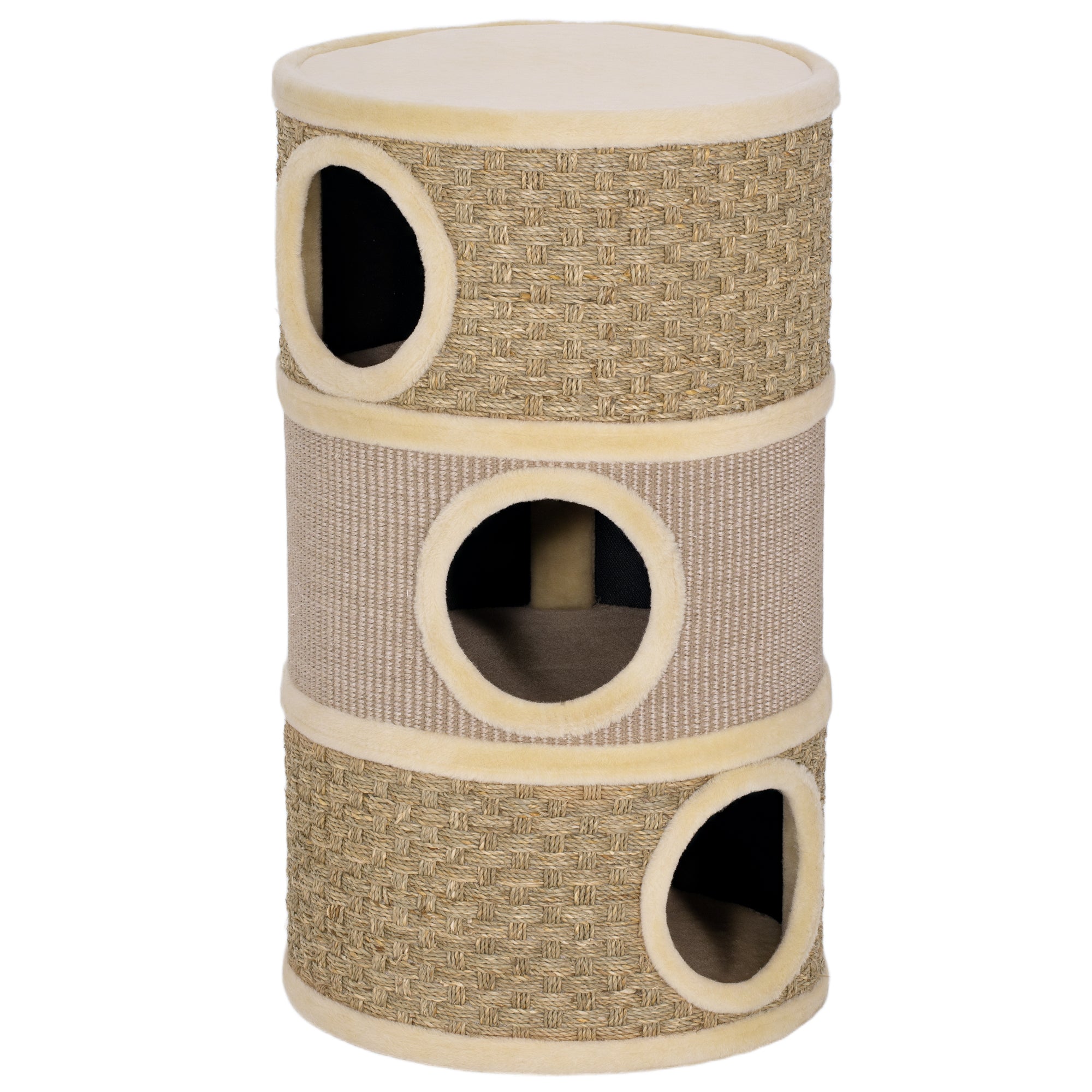 Tonneau à Gratter pour Chat Arbre à Chat Sisal Naturel et Herbiers Marins Recouvert de Peluche 45 x 45 x 79cm Kaki Café