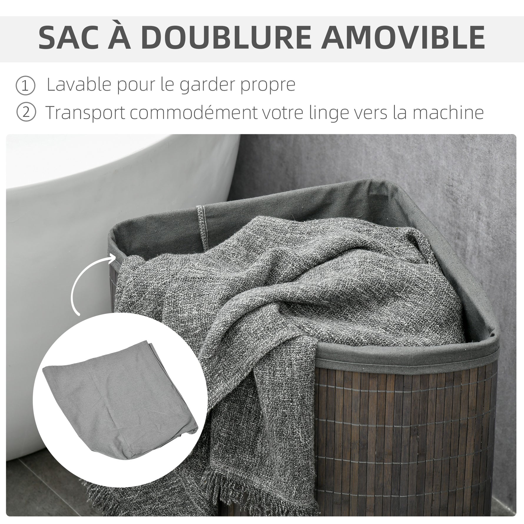 Panier à linge en bambou d'angle 55L avec couvercle et sac amovible 38 x 38 x 57 cm gris