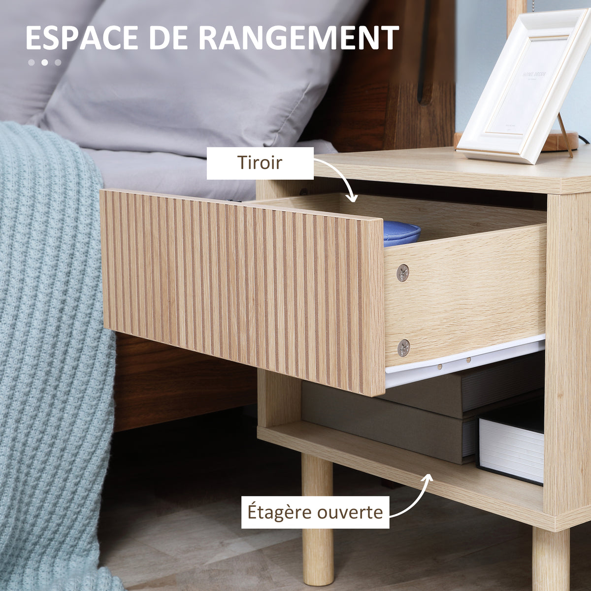 Lot de 2 tables de chevet table de nuit avec tiroirs et niches, style moderne, dim. 47 x 47 x 50 cm, bois naturel