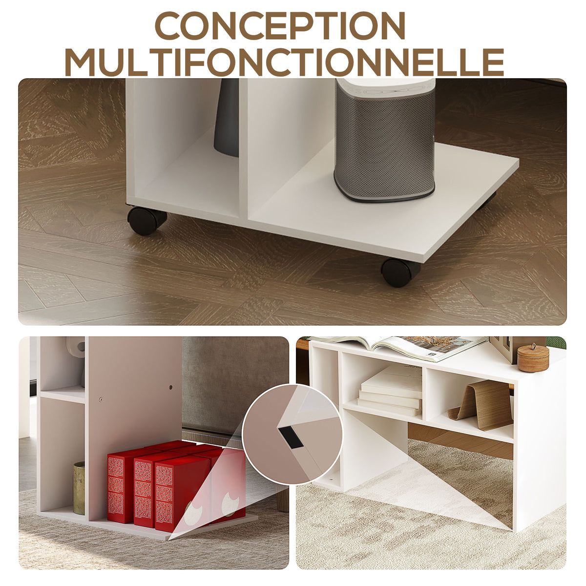 C-förmiger Beistelltisch mit Rollen, mit 3 Fächern und 1 offenem Regal, 40 x 30 x 69 cm, weiß