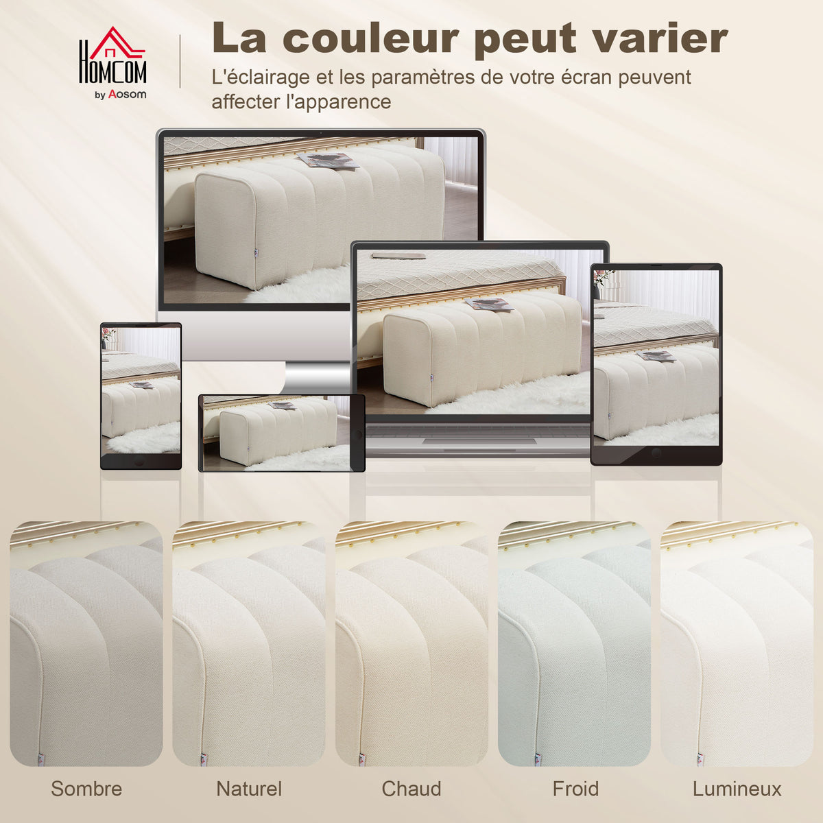 Banc bout de lit, banquette rembourrée, style moderne, ottoman en tissu aspect lin, 110 x 40 x 44 cm, crème