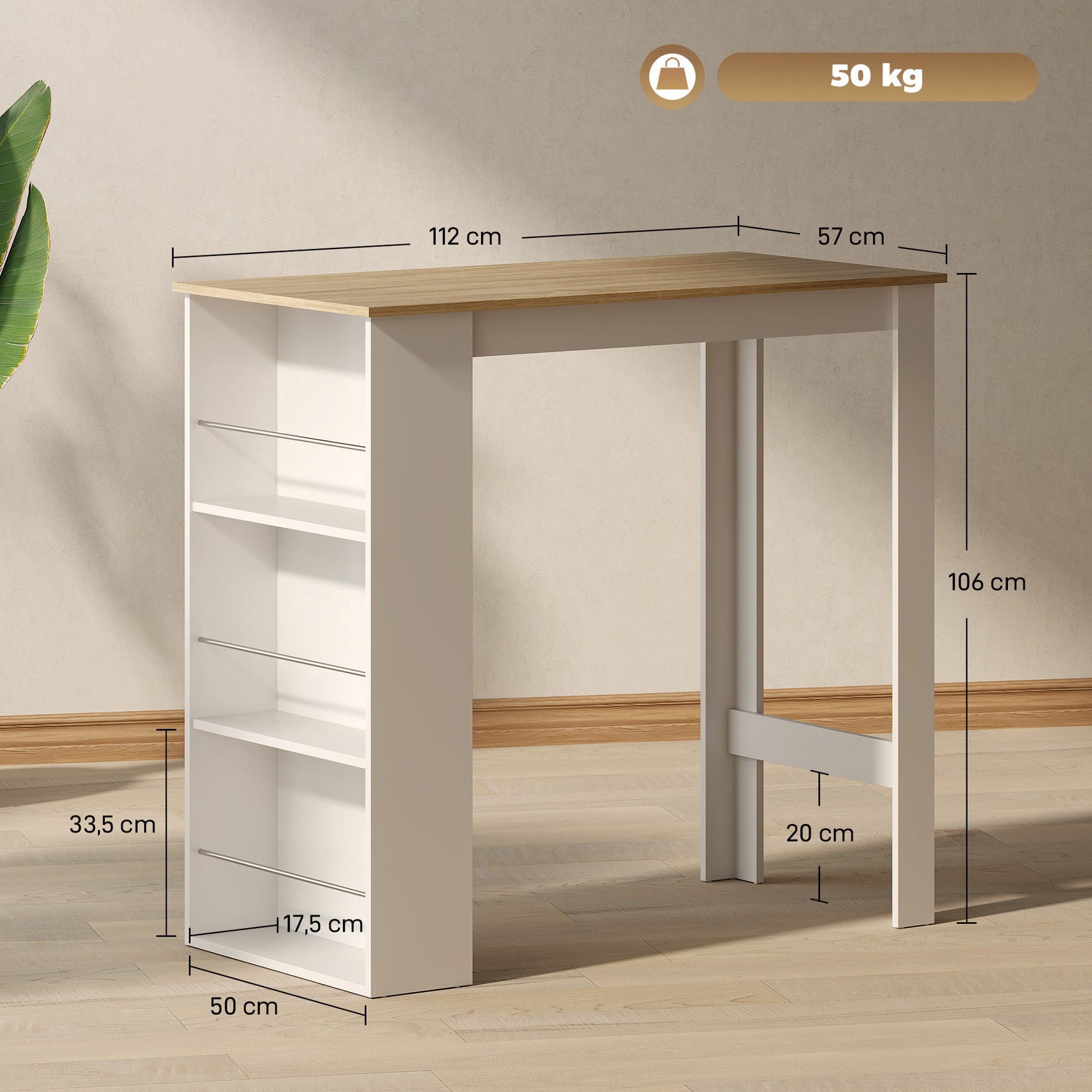 Table de bar table haute de cuisine mange-debout comptoir 112L x 57l x 106H cm - 3 étagères - aspect chêne clair blanc