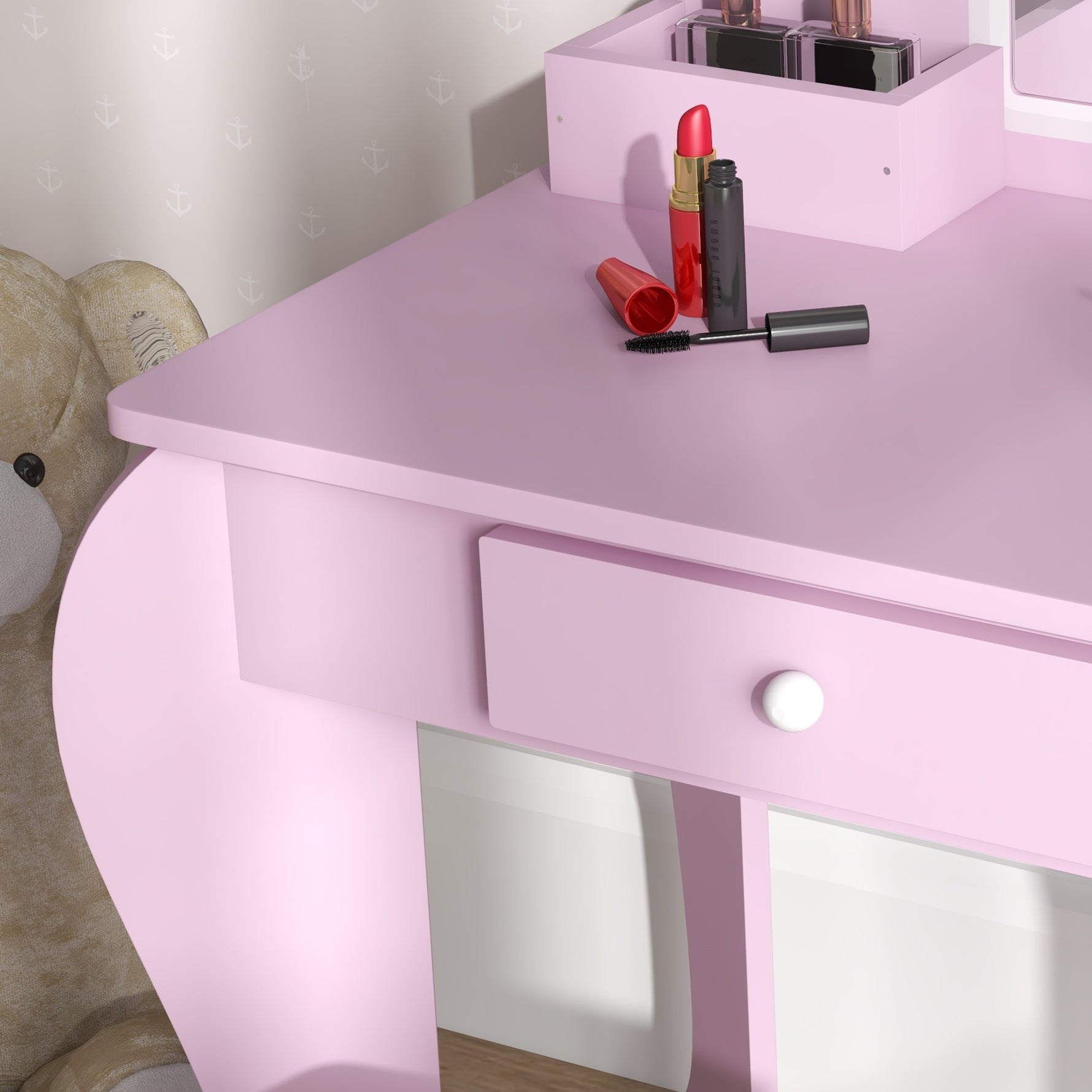 Coiffeuse pour enfant avec tabouret et miroir, table de maquillage avec tiroir et 2 compartiments, 55x36x86cm, rose