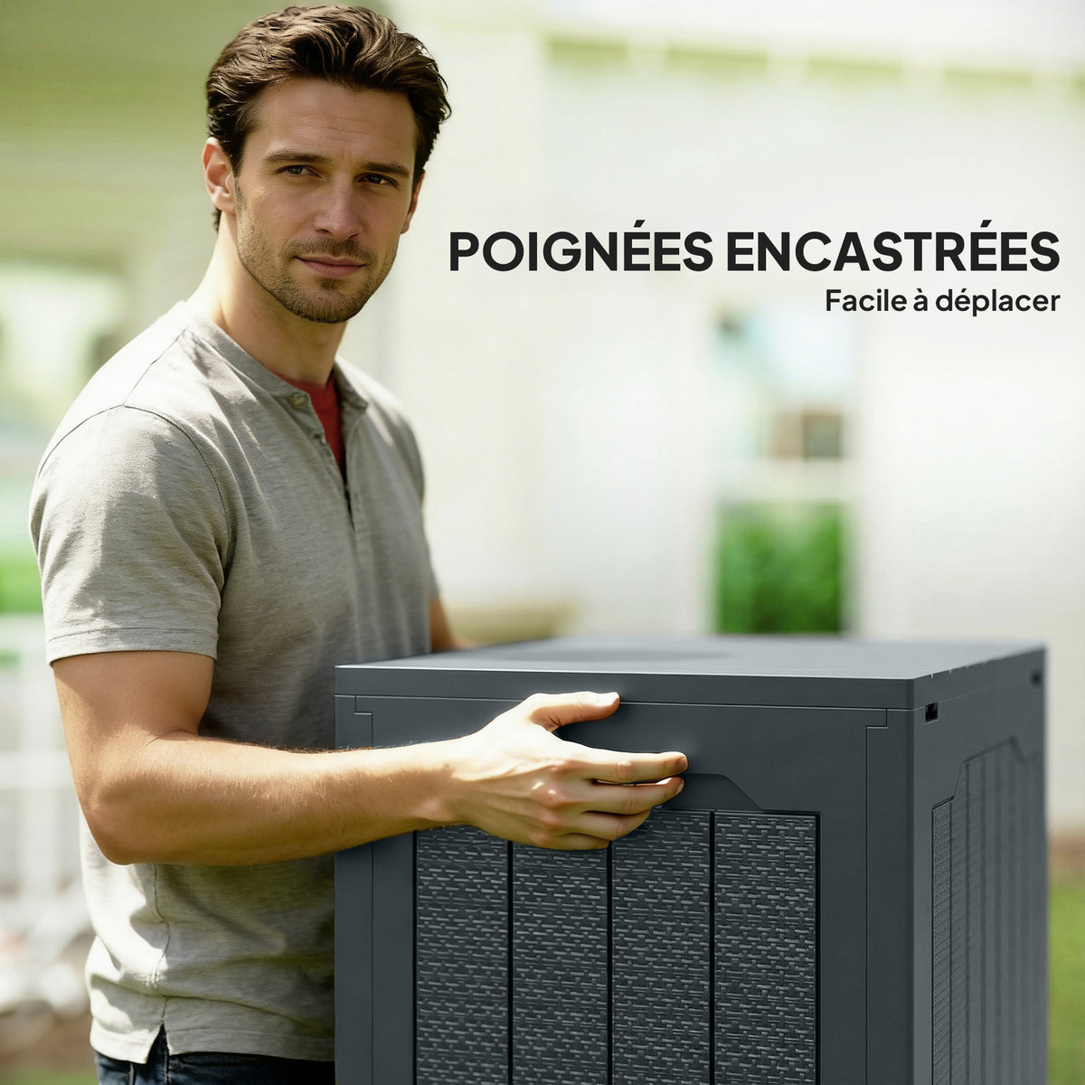 Coffre de rangement extérieur 97L avec poignées encastrées, malle de rangement extérieur étanche 56x41x50cm, gris foncé