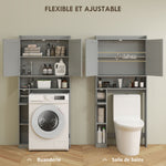 Meuble WC dessus de toilette ou machine à laver, 2 portes, 3 compartiments, porte-papier toilette, 80x19,5x170cm, gris