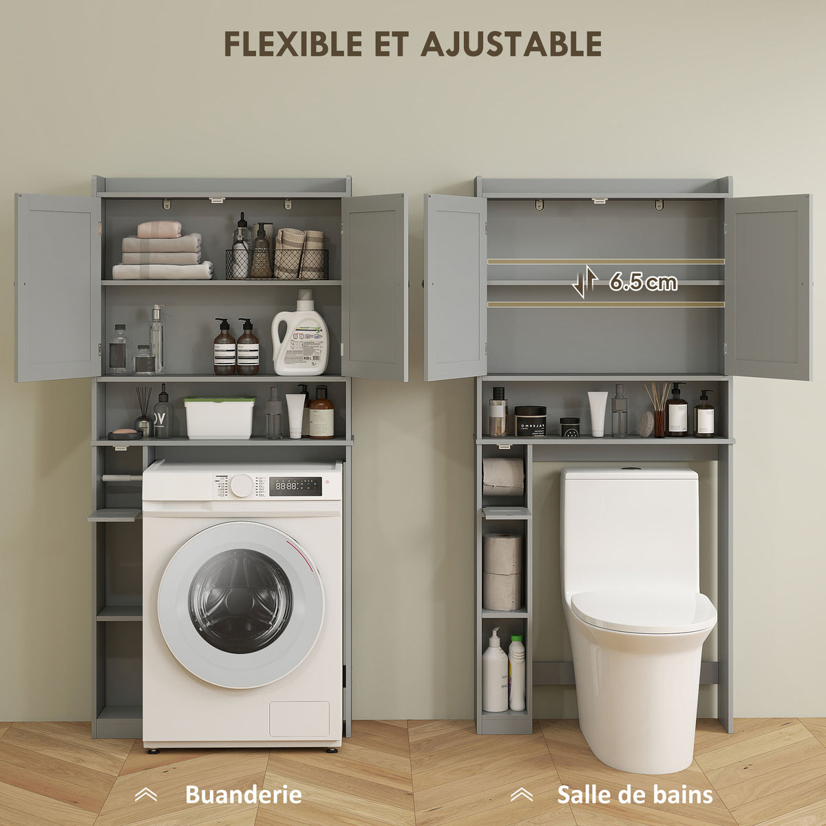 Meuble WC dessus de toilette ou machine à laver, 2 portes, 3 compartiments, porte-papier toilette, 80x19,5x170cm, gris