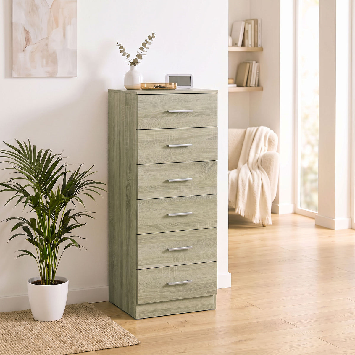 Commode 6 Tiroirs, Meuble de Rangement, Style Moderne, pour Chambre à Coucher, Entrée, Couloir, 40x40x110cm, Chêne