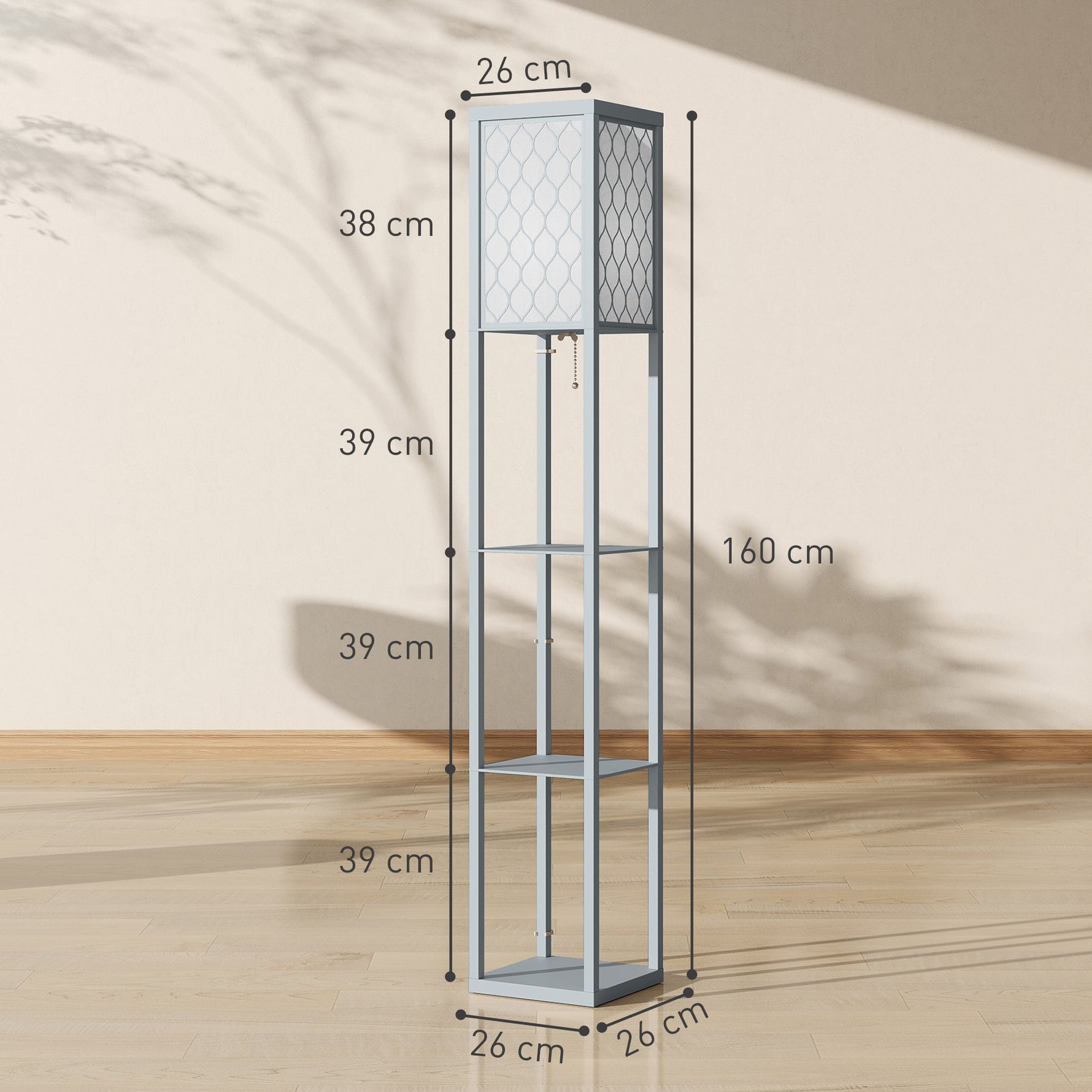 Lampadaire avec étagères, lampadaire sur pied de salon 3 niveaux, interrupteur à tirette 26 x 26 x 160 cm, gris et blanc