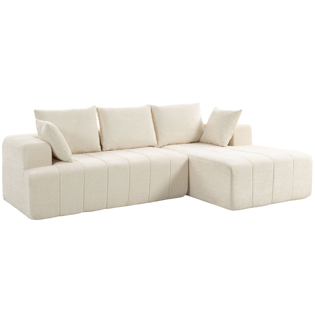 Canapé d'angle 256 cm avec méridienne, canapé-lit 3 places en chenille forme de L, assise et accoudoirs larges, beige