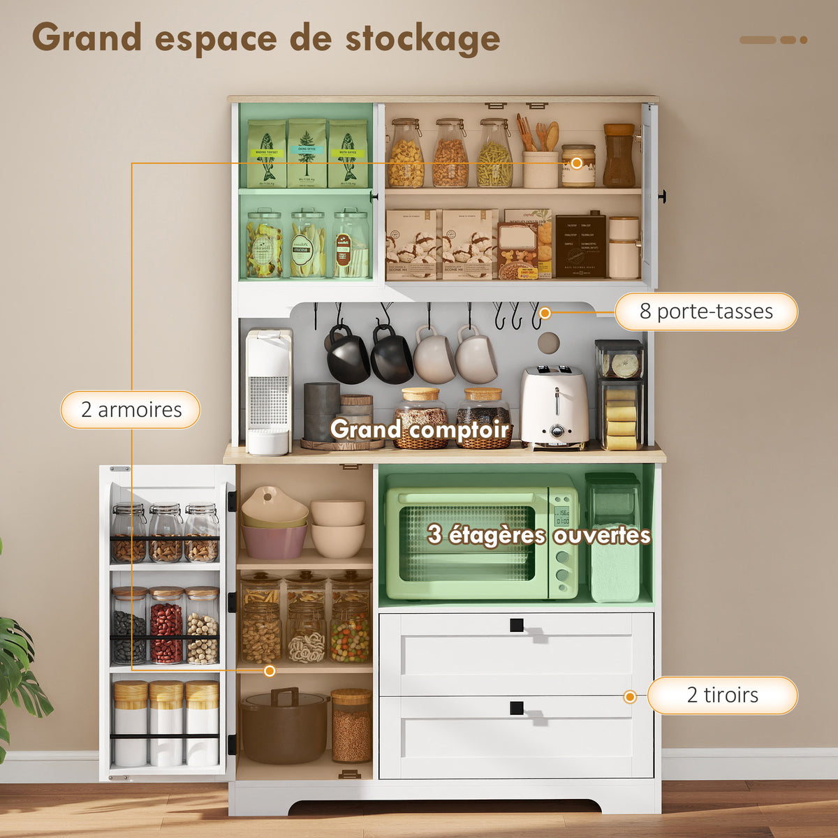 Buffet Haut Cuisine, Armoire Cuisine avec 3 Portes, 2 Tiroirs, Plan de Travail, Compartiments Ouverts, Blanc