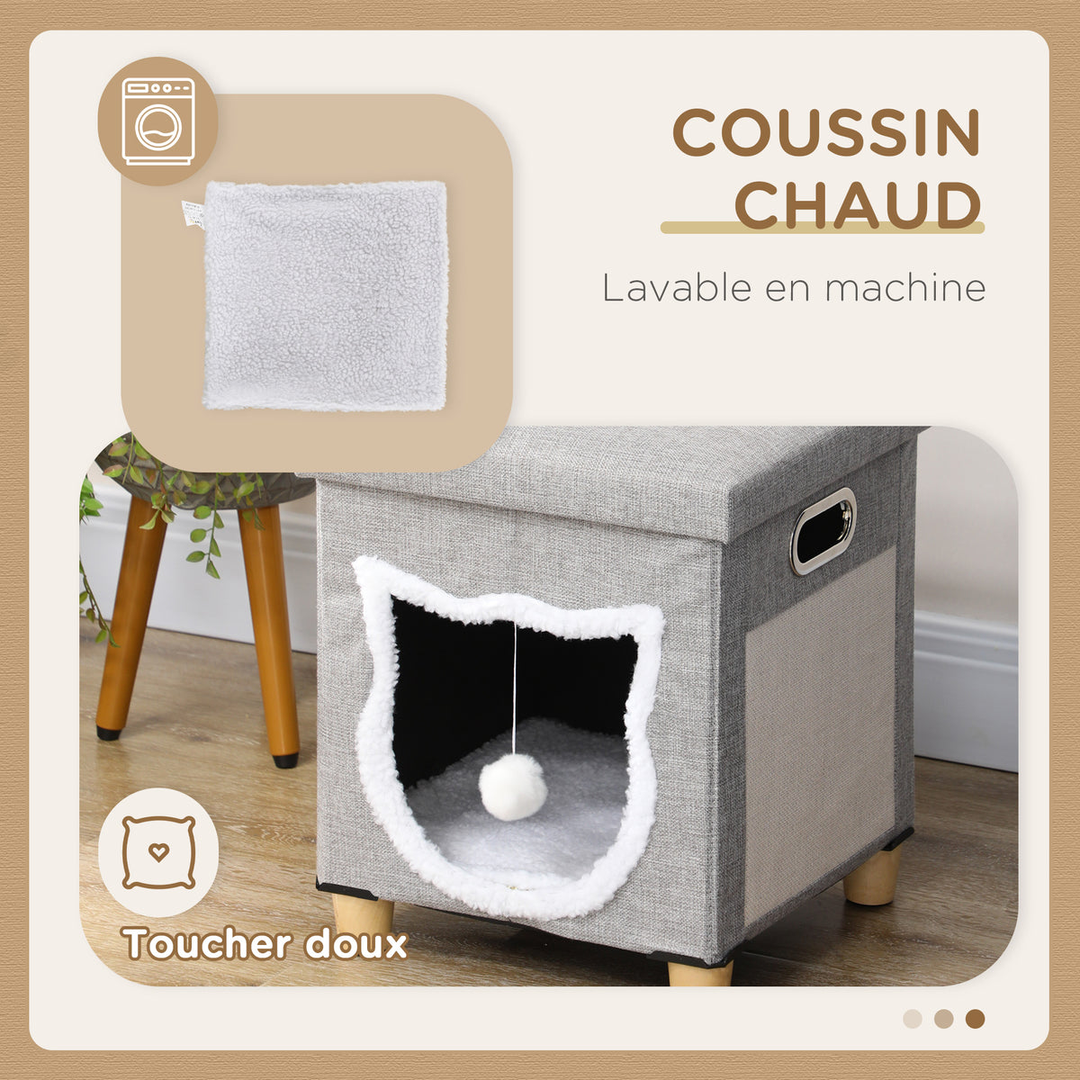 2-in-1 overdekte kattenmand voor binnen, houten poten, uitneembaar en wasbaar kussen, speelbal, 35,5x35,5x42,5cm, grijs