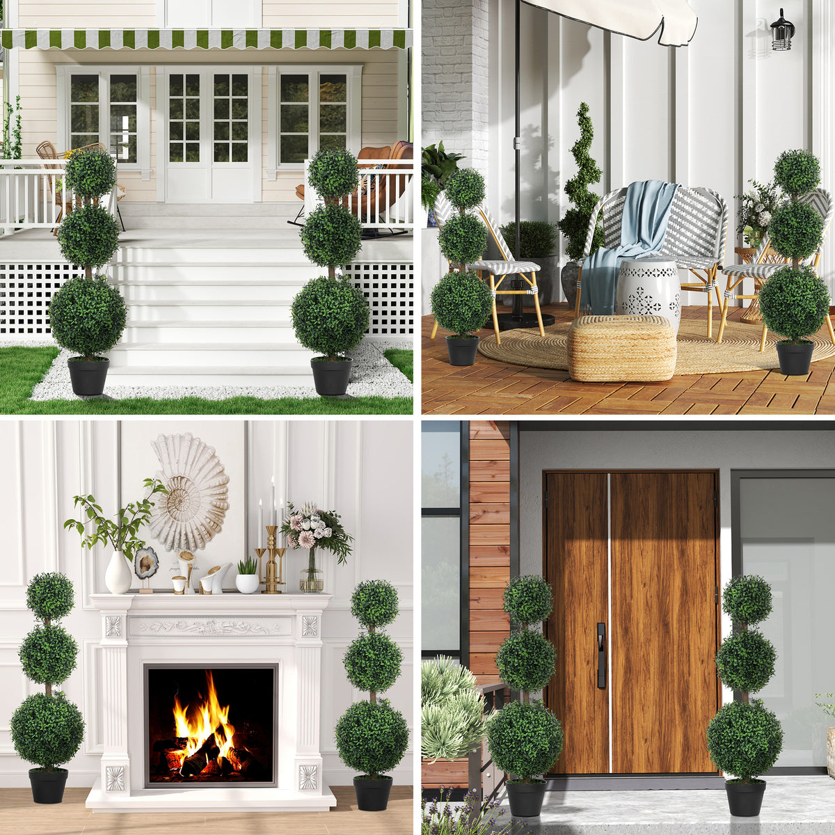 2er-Set künstliche Buchsbaum-Topiary-Bäume, 101,6 cm, 3 Kugeln, künstliche Pflanze aus PE, grün, mit Topf für innen und außen