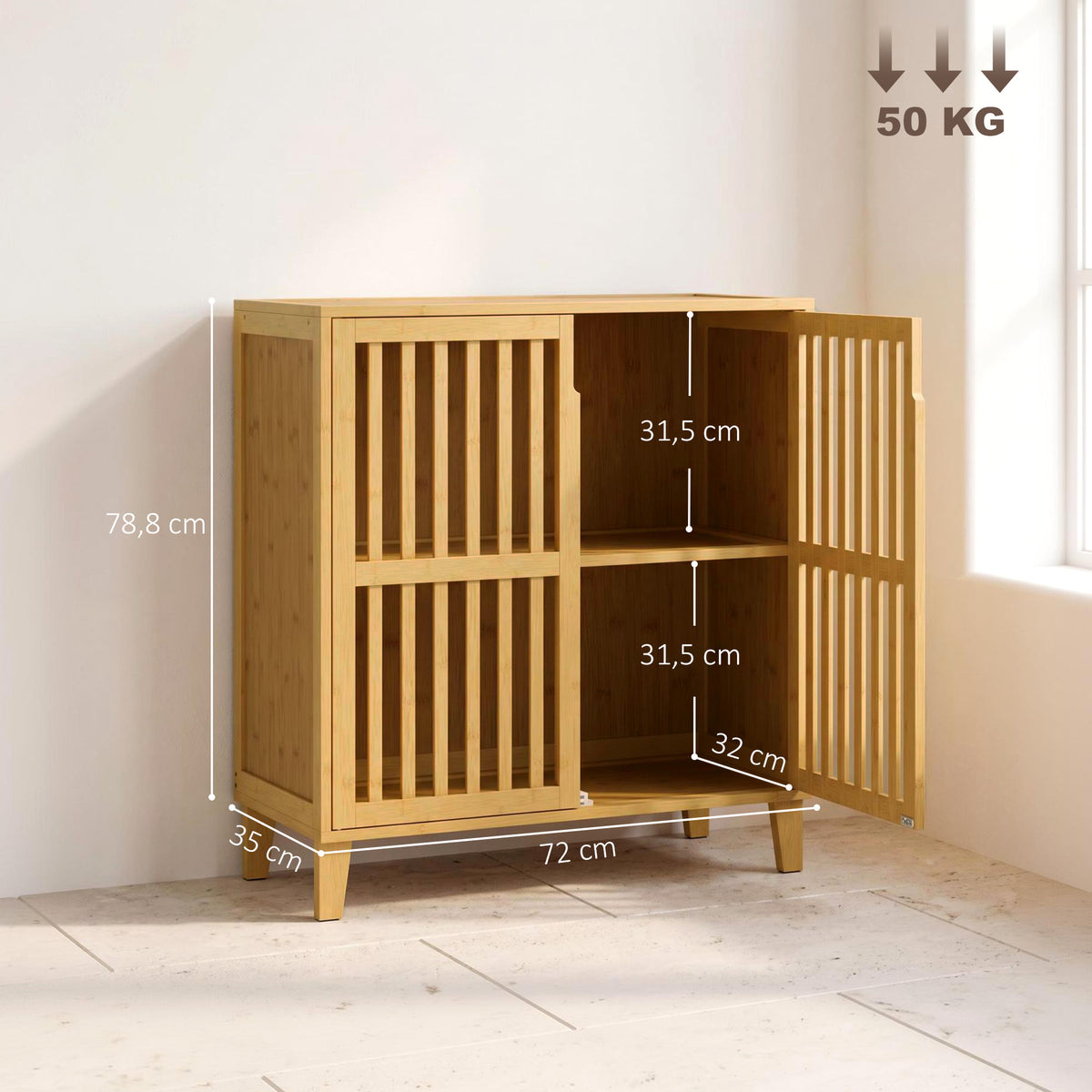 Mobiletto da bagno stretto in bambù, mobile contenitore da terra, 2 ante a persiana e ripiano regolabile, naturale
