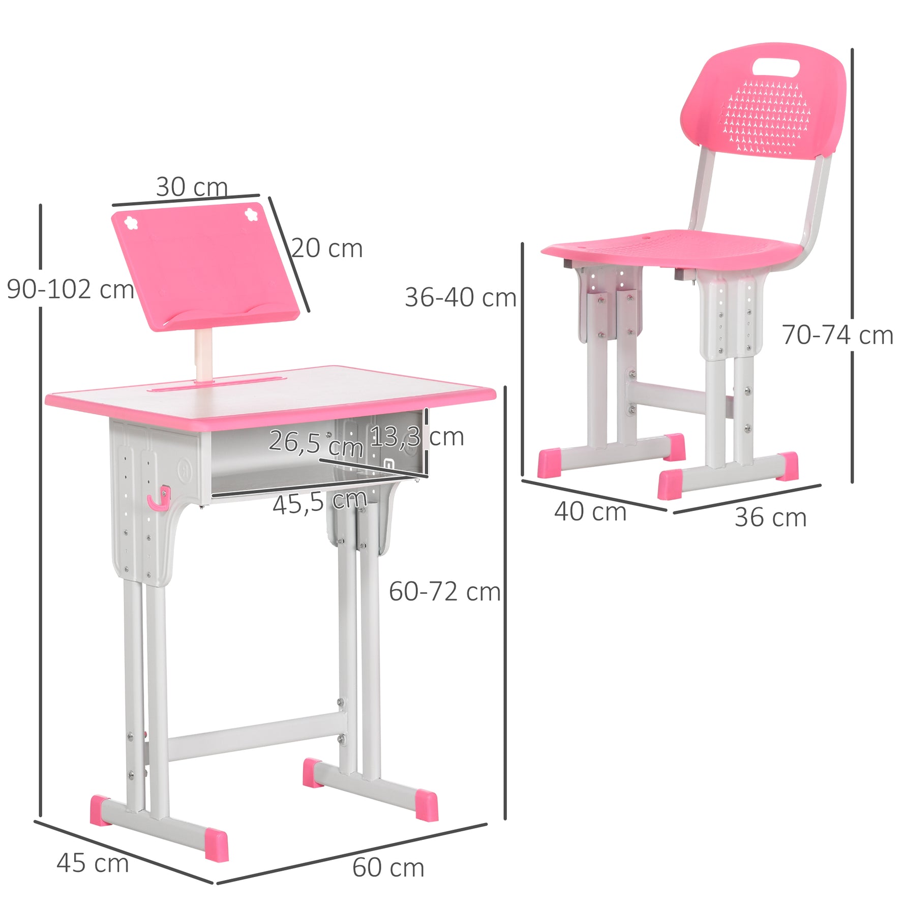 Bureau et chaise pour enfant avec support de lecture casier crochet et porte stylo 60 x 45x 90-102 cm rose
