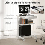 Bureau d'ordinateur sur roues, bureau avec rangement 56 x 51 cm avec tiroir, compartiment et support CPU, blanc