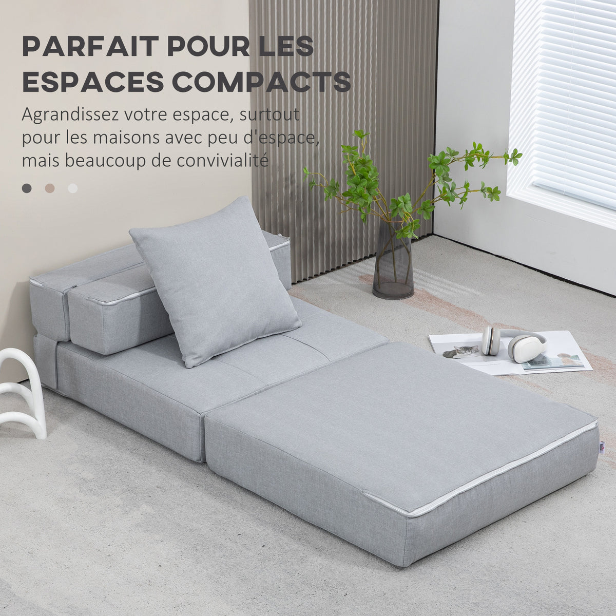 Chauffeuse canapé-lit convertible fauteuil 1 place avec 1 coussin déhoussable, tissu gris clair