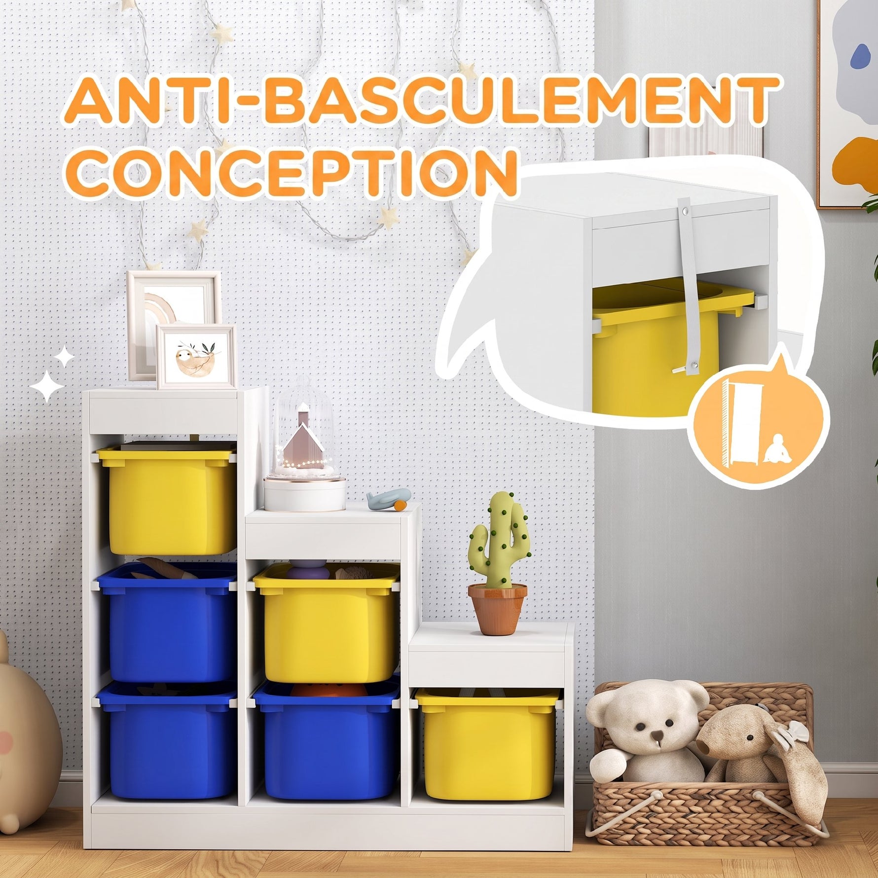 Meuble de rangement pour jouets des enfants avec 6 bacs amovibles, 3 niveaux de rangement, 96 x 38,5 x 90, multicolore