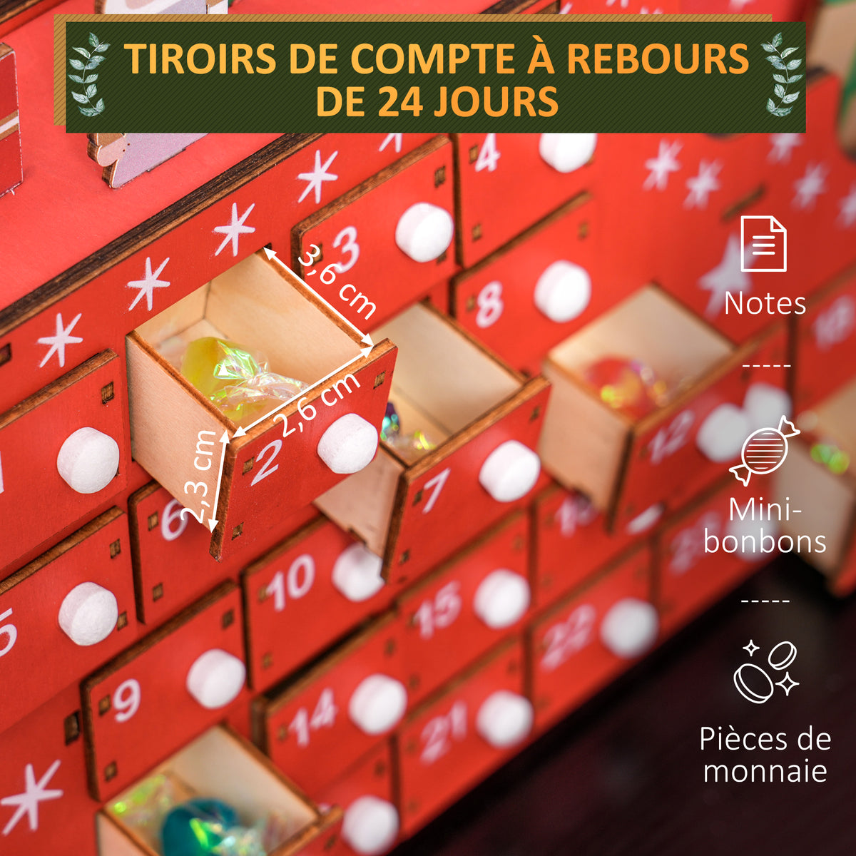 Calendrier de l'Avent à remplir en bois, décoration de Noël avec 24 tiroirs, Père Noël et traîneau, 22,5x8x36cm, rouge