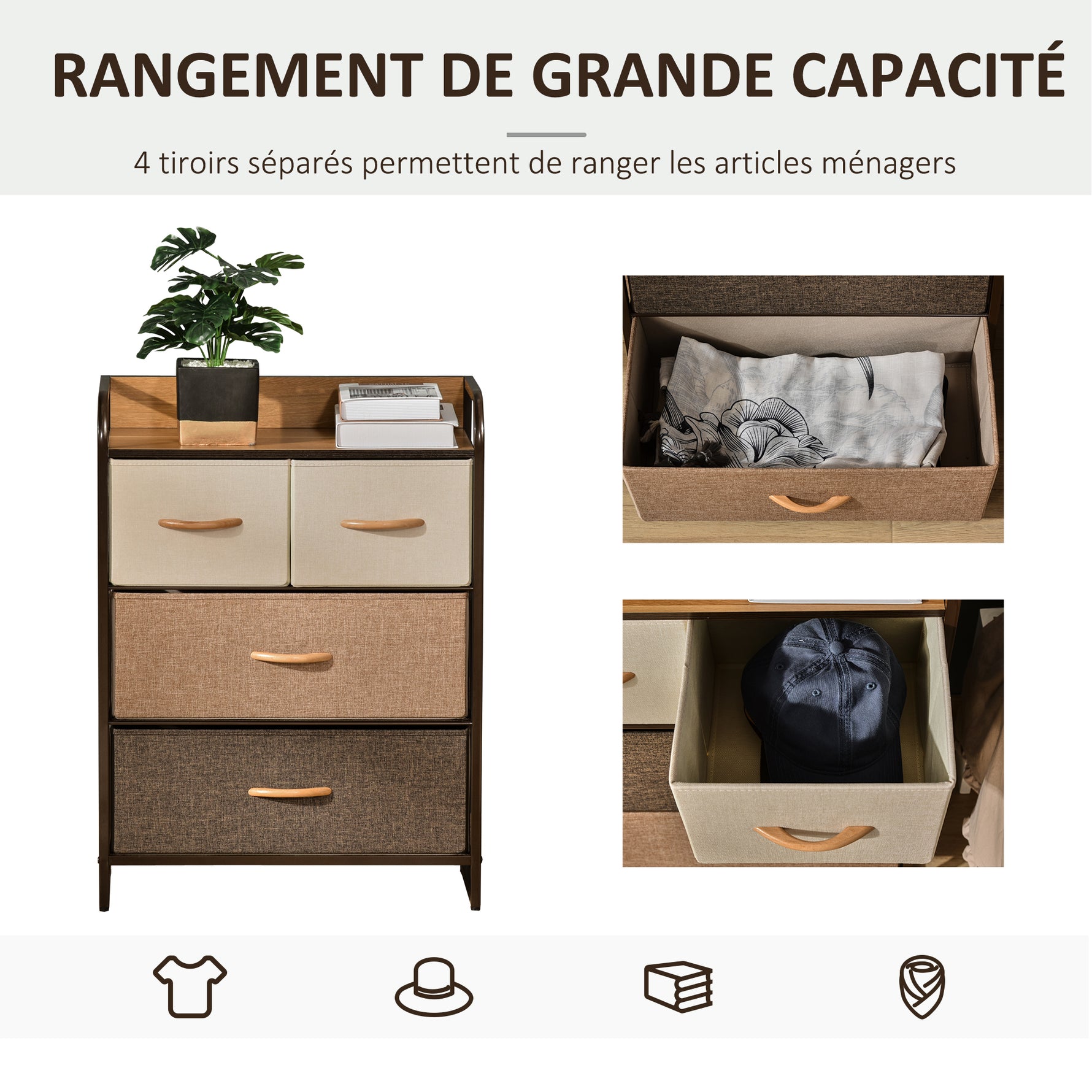Meuble de Rangement chiffonnier 4 tiroirs en Tissu 58 x 29 x 78,5 cm multicolore