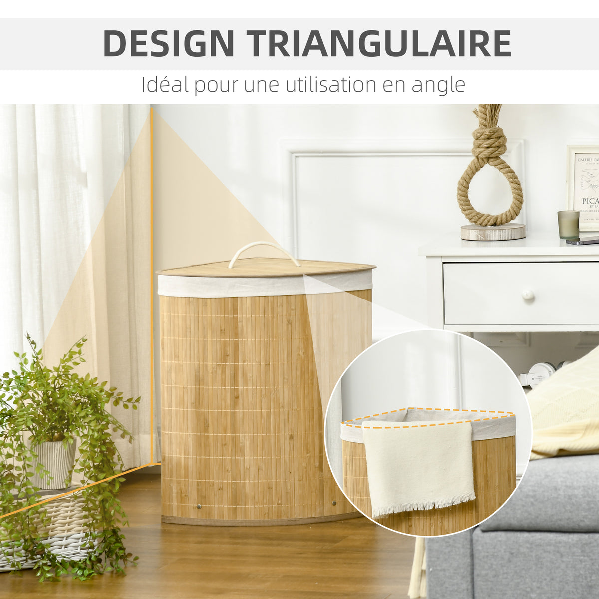 Panier à linge en bambou d'angle 55L avec couvercle et sac amovible 38 x 38 x 57 cm bois naturel