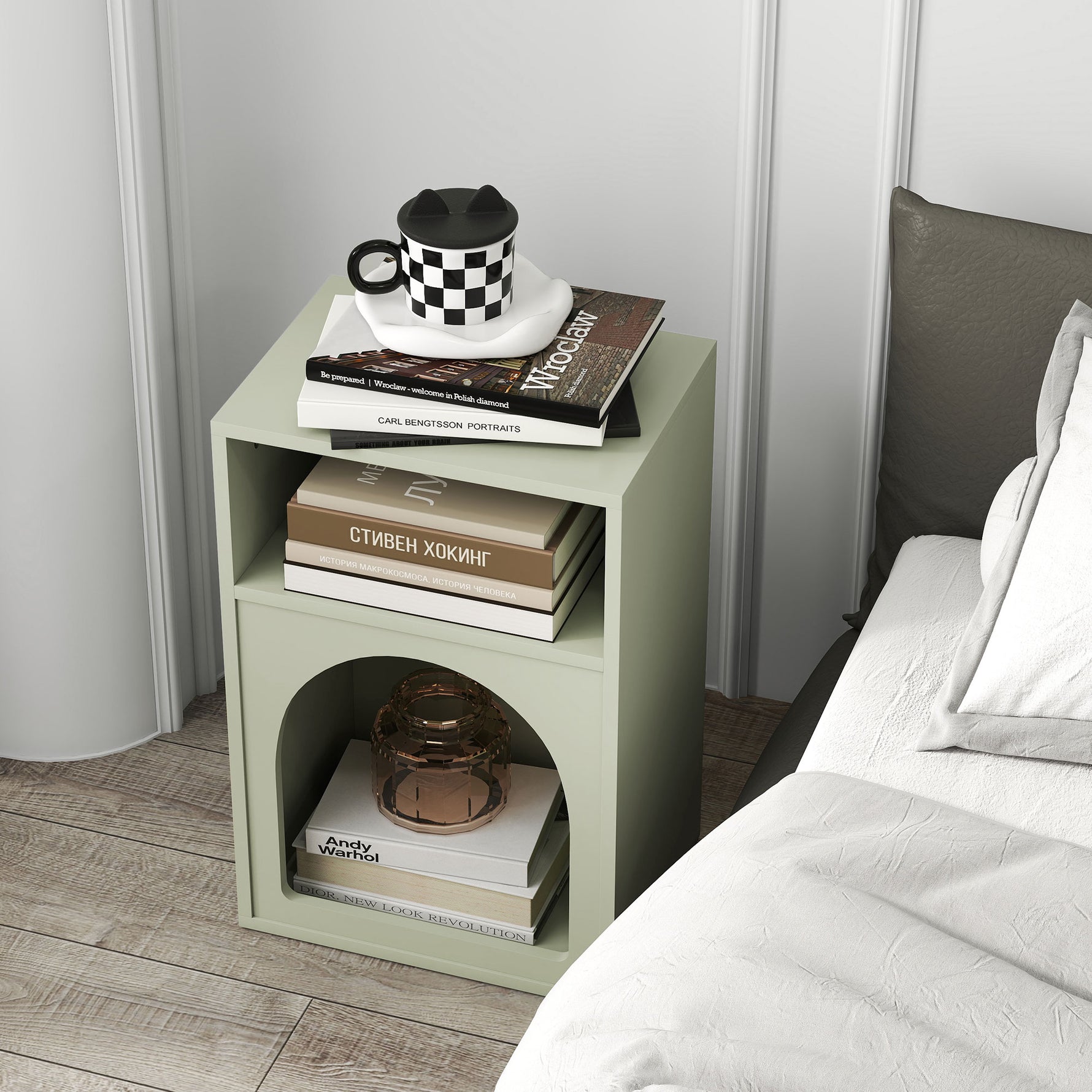 Lot de 2 tables de chevet, table de nuit avec compartiments ouverts, design arqué, 40 x 30 x 60 cm, vert clair