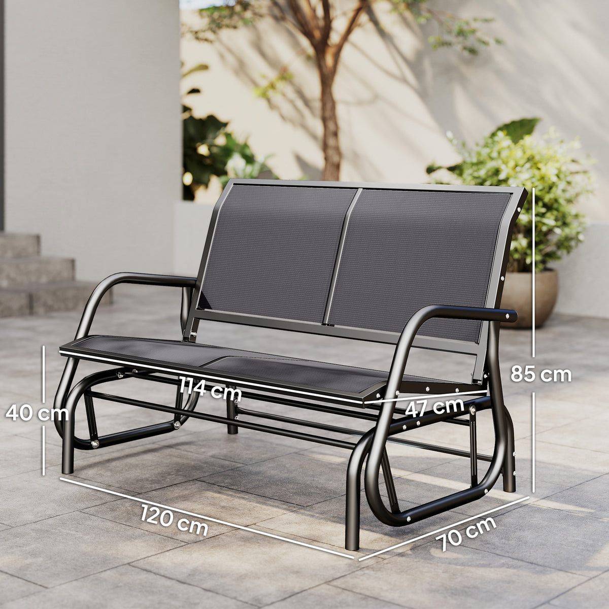 Banc à Bascule de Jardin 2 Places Design Contemporain Grand Confort accoudoirs Assise, Dossier Ergonomique Acier textilène Gris