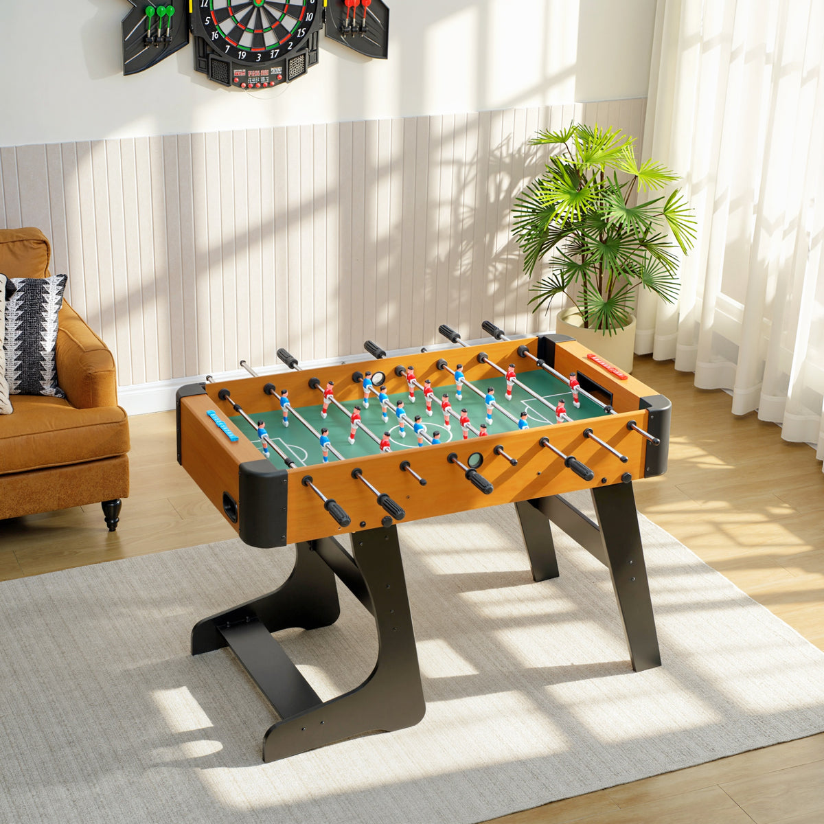 Calciobalilla pieghevole in legno, tavolo da calcio balilla pieghevole con gambe, 2 palline, 22 giocatori, 118 x 107,5 x 78 cm, marrone