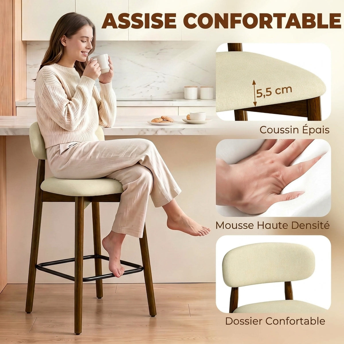 Lot de 2 Tabourets de Bar, Chaises de Bar en Chenille, Assise Rembourrée, Dossier et Repose-Pieds, Pieds en Bois, Beige