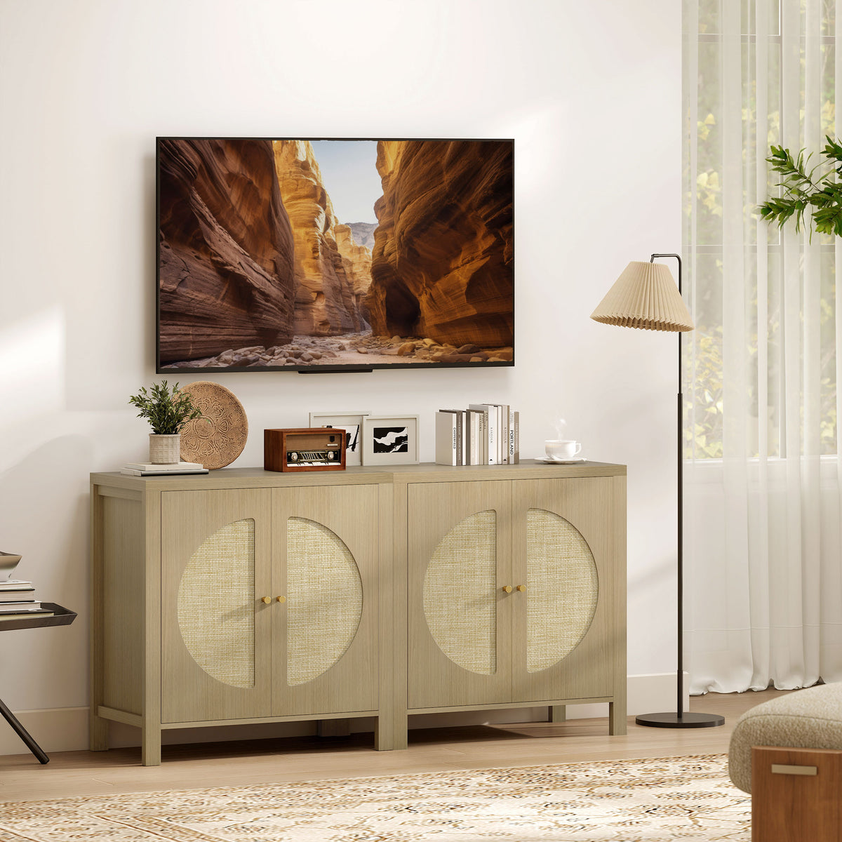 Keukenkast, opbergmeubel met 2 deuren met rotaneffect en verstelbare plank, 75 x 38 x 77 cm, natuurlijk hout