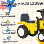 Porteur tracteur enfants avec coffre amovible, râteau et pelle, voiture enfants avec lumière LED et klaxon, jaune