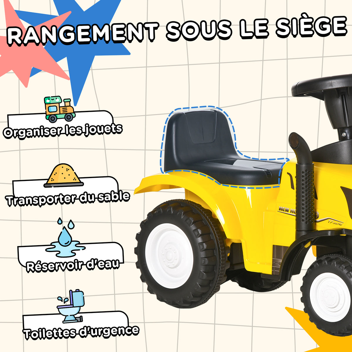 Porteur tracteur enfants avec coffre amovible, râteau et pelle, voiture enfants avec lumière LED et klaxon, jaune