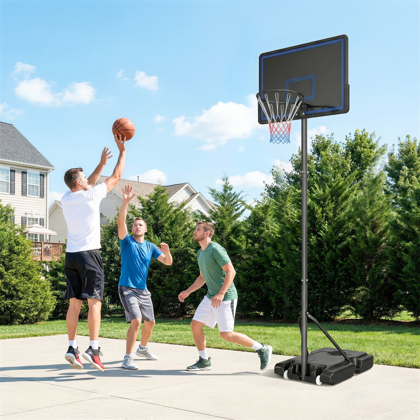 Panier de Basketball sur Pieds avec Hauteur Réglable de 1,35 à 3,05 m avec Roues, Base de Lestage et Sac de Sable, Bleu