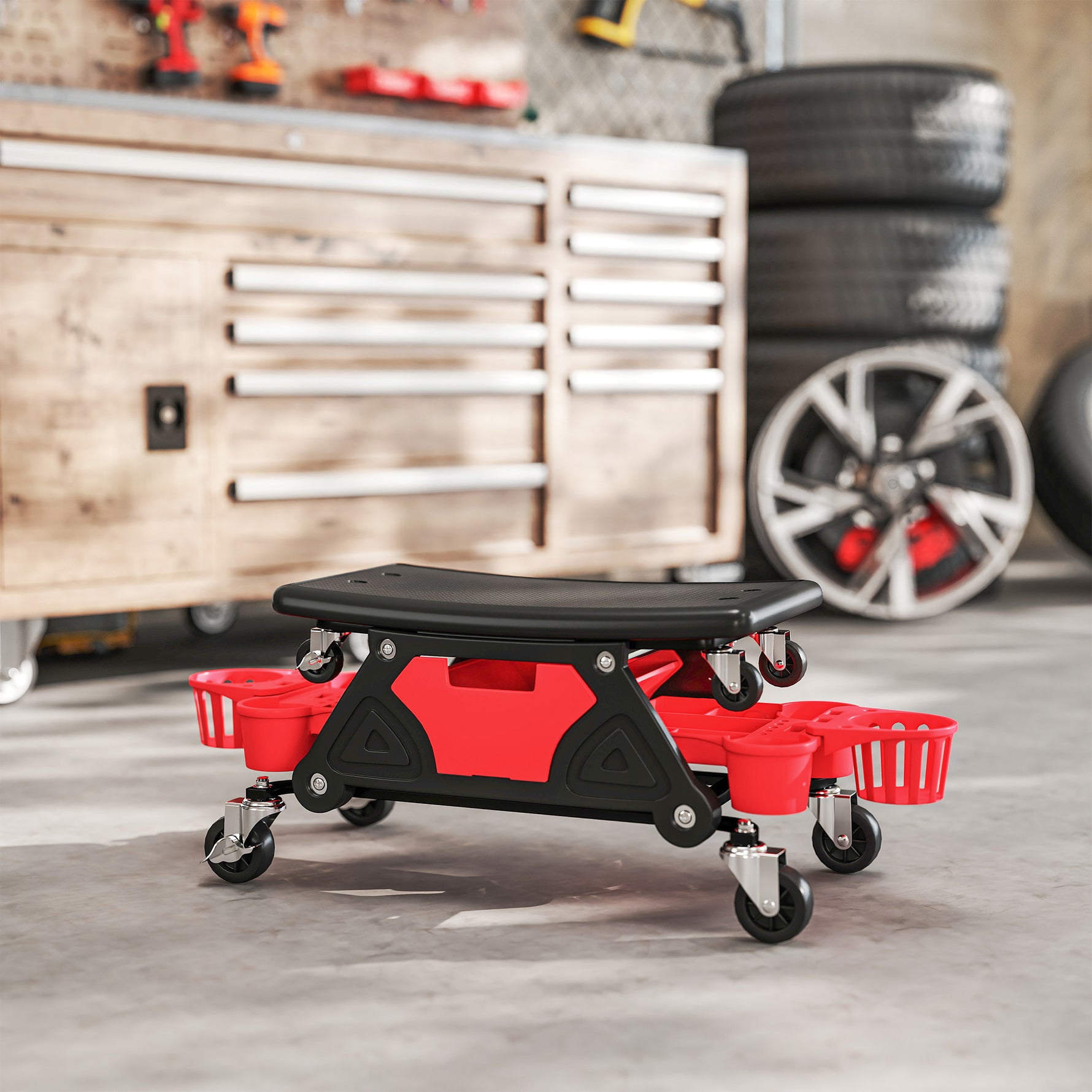 Tabouret d'atelier mobile 135 kg, tabouret de mécanicien avec roulettes rotatif à 360° avec plateaux, 86x33x33cm, rouge