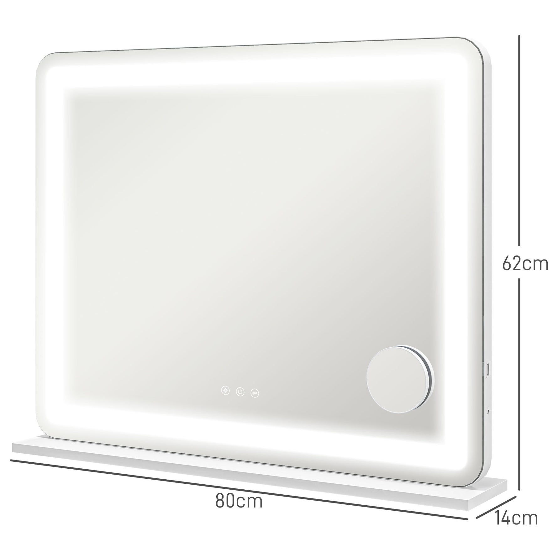 Miroir Lumineux LED intensité 3 modes d'éclairage, grossissement 10X,  port de charge USB, touche tactile - 80 x 62 cm