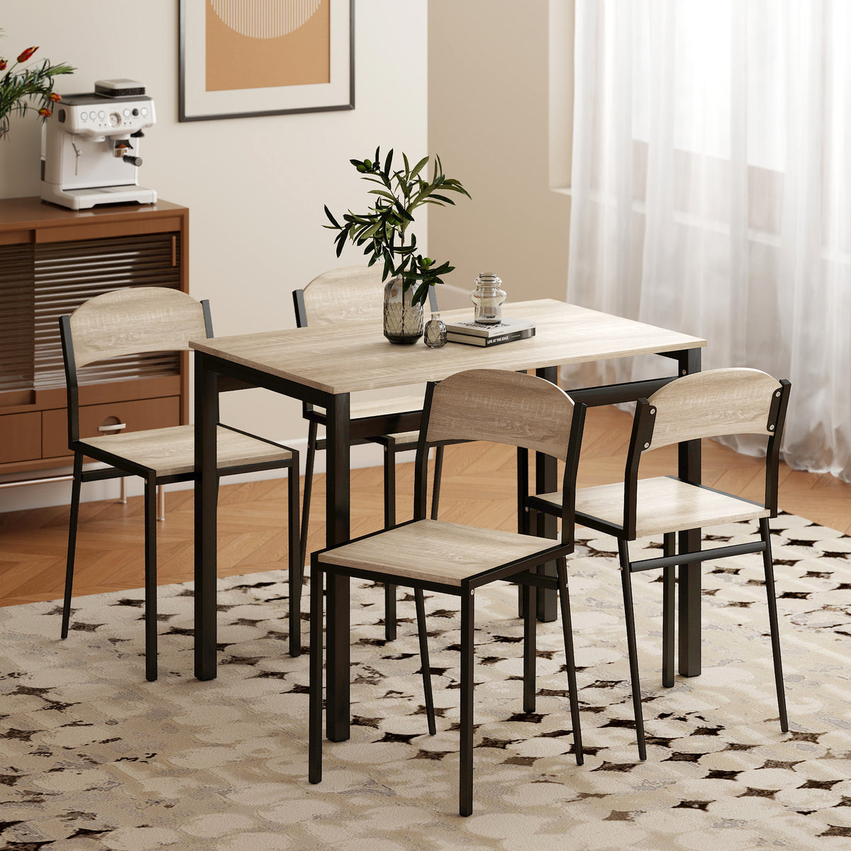Ensemble table à manger 5 pièces avec 4 chaises lateau MDF coloris bois de chêne châssis métal noir