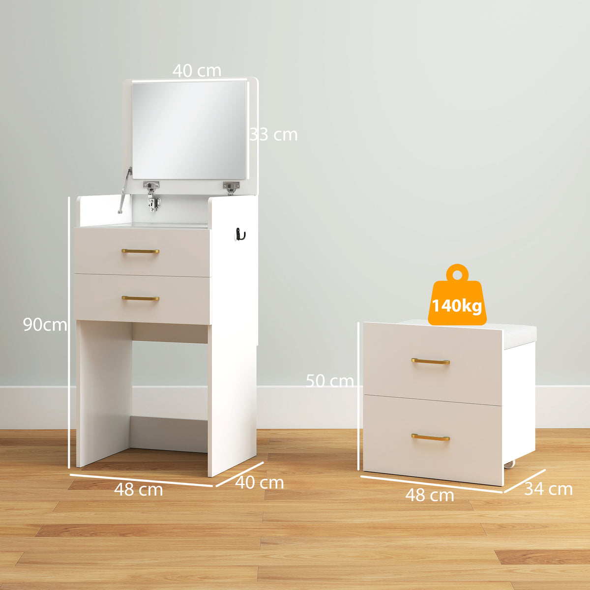 Coiffeuse avec miroir et tabouret 3 en 1, 3 tiroirs et plateau en verre visible, coussin rembourré, 48 x 40 x 90 cm, blanc