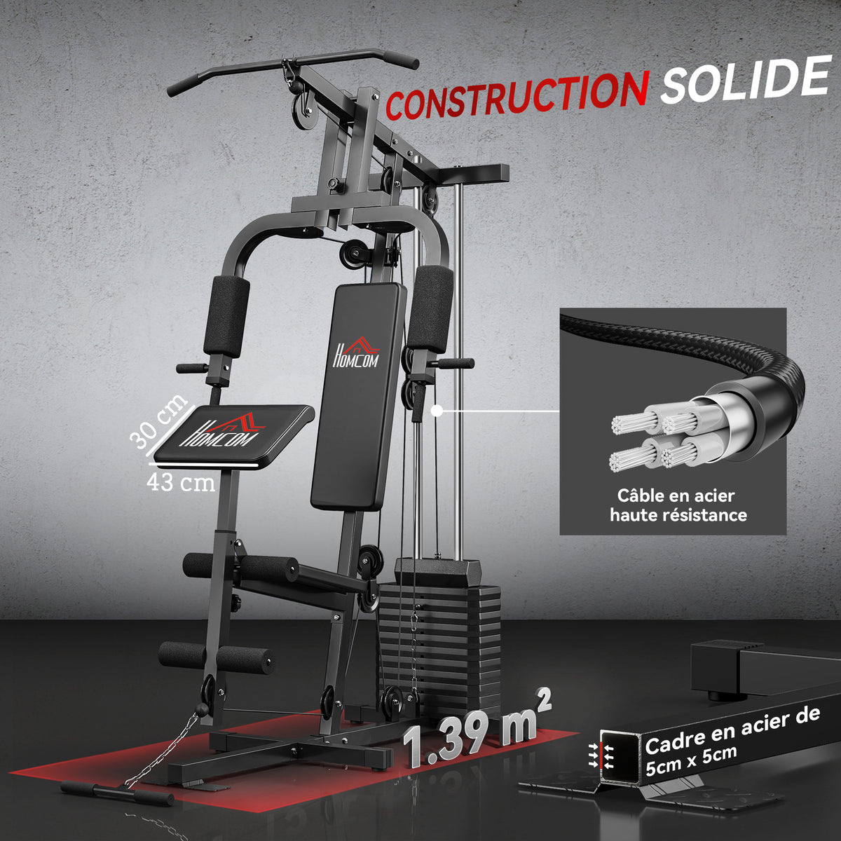 Stazione Multifunzione con Pacco Pesi da 65 kg, Doppia Carrucola, Nero