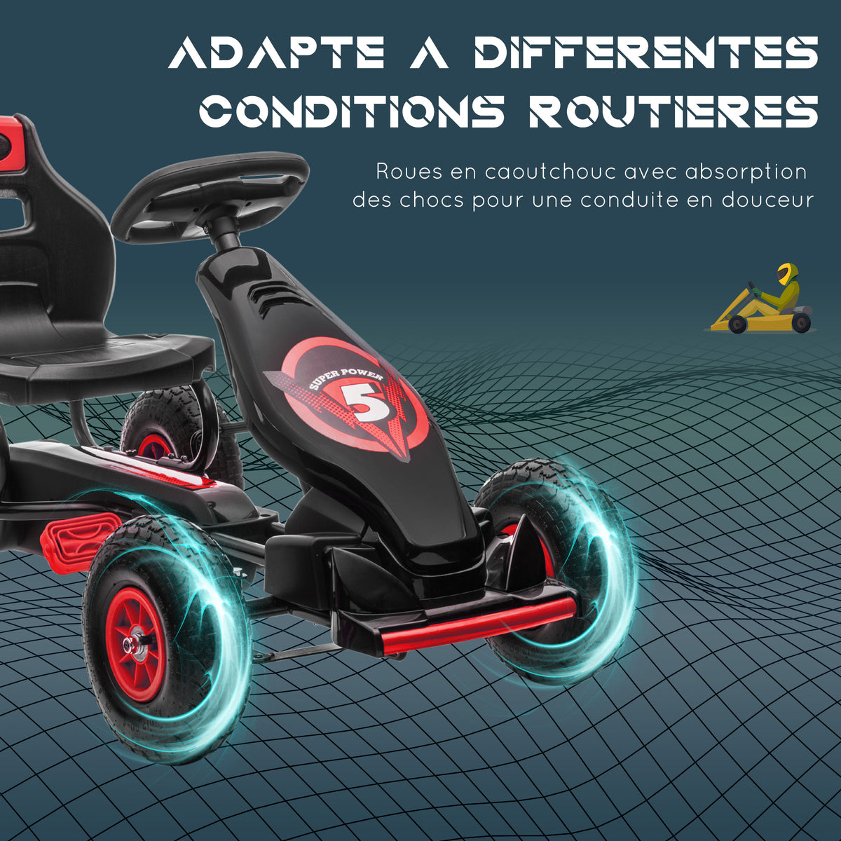 Kart à pédales pour enfant siège réglable 3 positions frein à main enfant de 5 à 12 ans rouge noir
