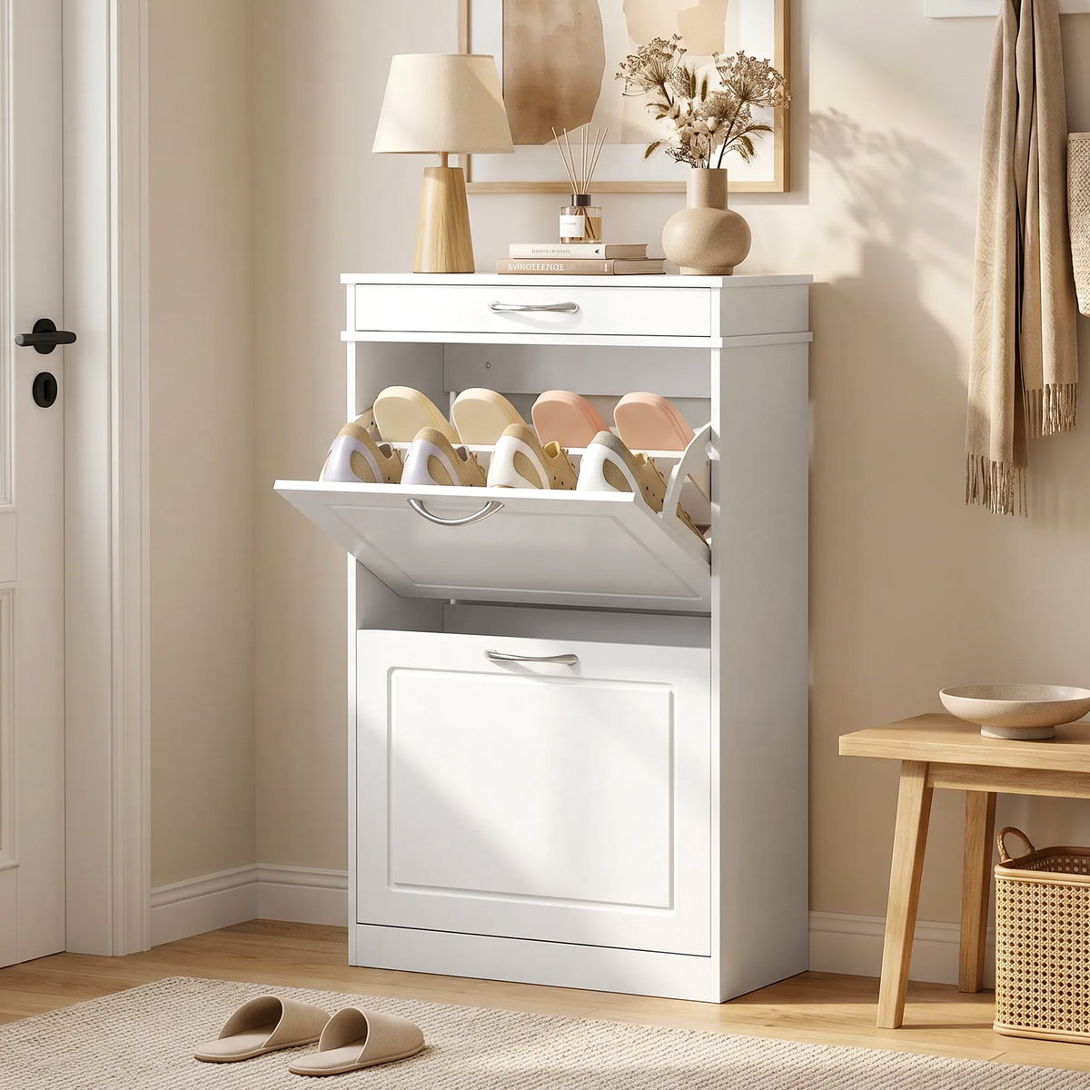 Meuble chaussure 8 paires, armoire à chaussures étroit avec tiroir et 2 portes abattants et étagère réglable, blanc