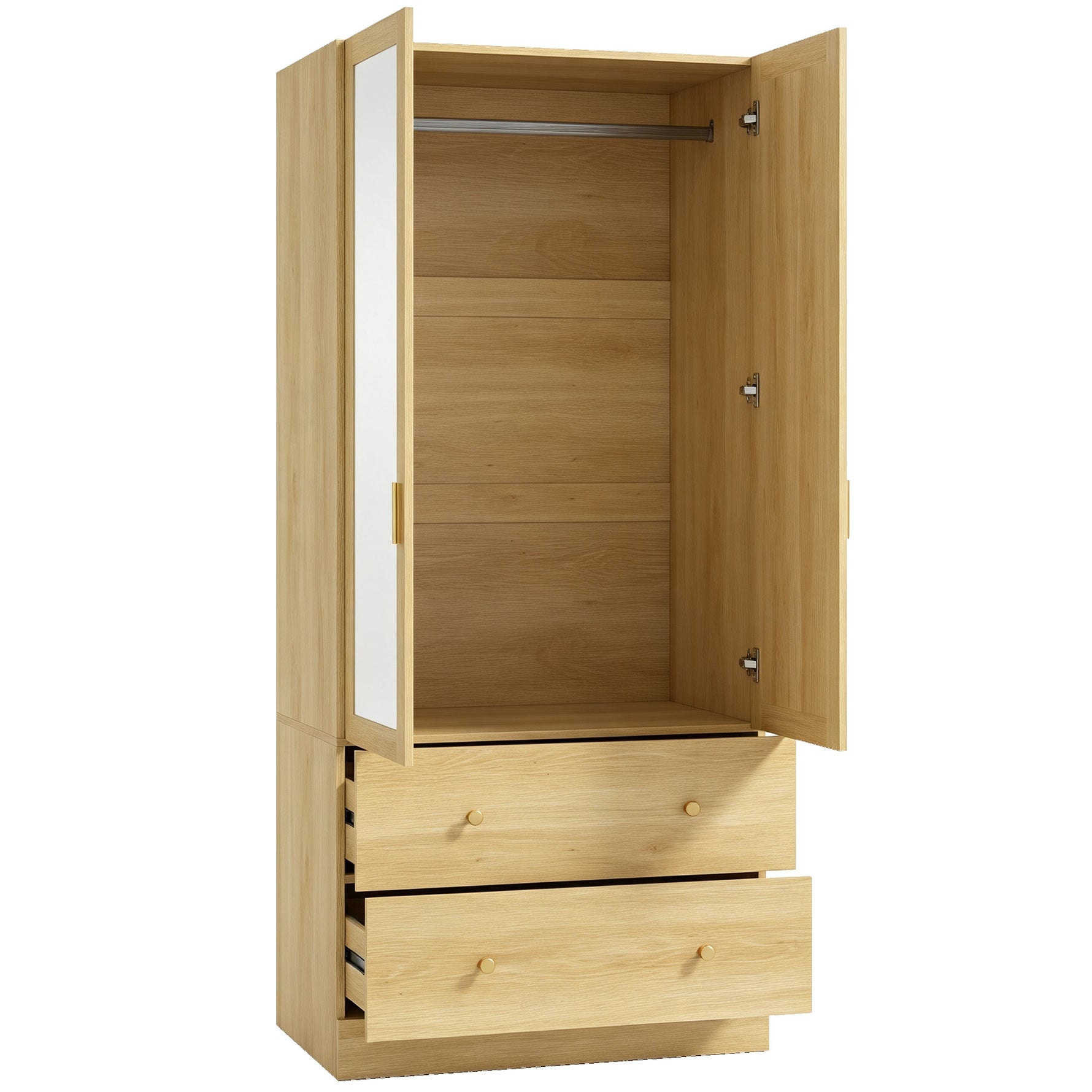 Armoire chambre penderie avec miroir, 2 portes, 2 tiroirs et barre de suspension, 80 x 50 x 180 cm, chêne
