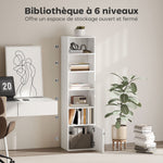 Bibliothèque meuble de rangement 6 niveaux avec 3 étagères réglables et placard, style moderne 40 x 30 x 156 cm blanc