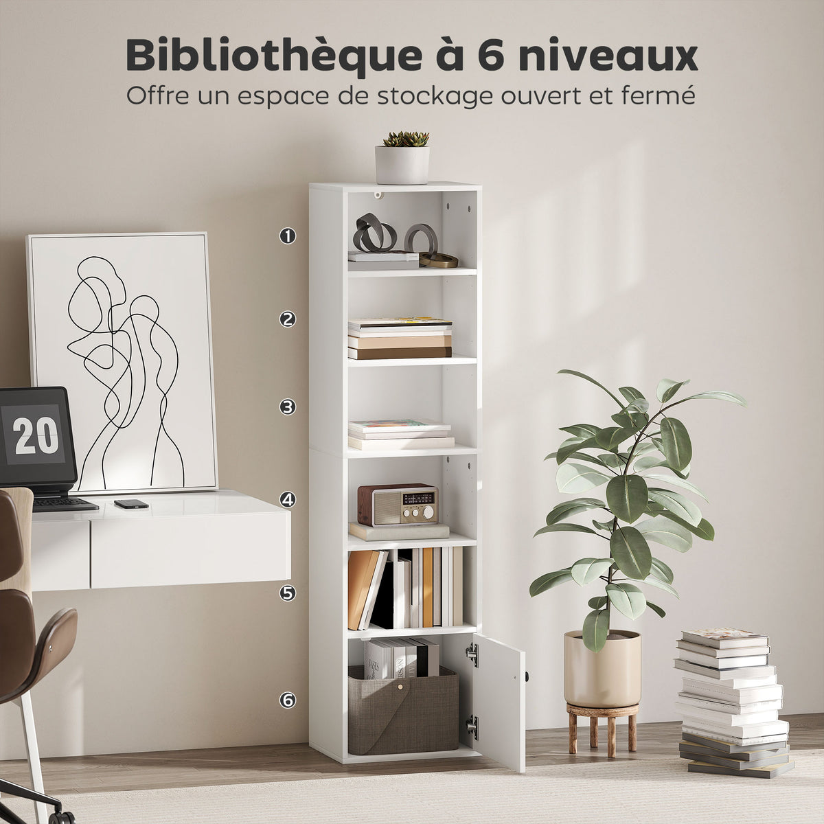 Bibliothèque meuble de rangement 6 niveaux avec 3 étagères réglables et placard, style moderne 40 x 30 x 156 cm blanc