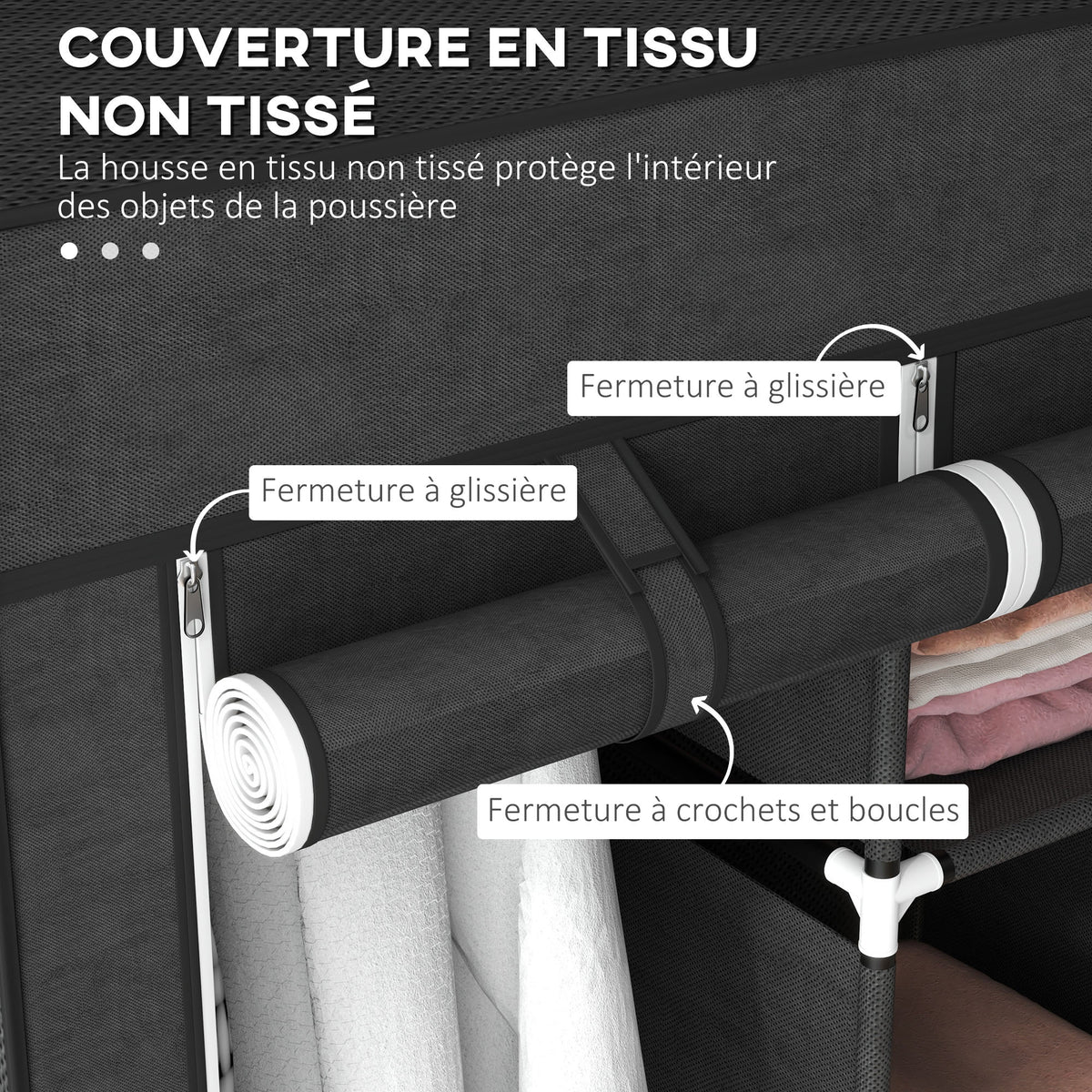 Armoire penderie multi-rangement - 8 étagères, 2 barres - non tissé noir