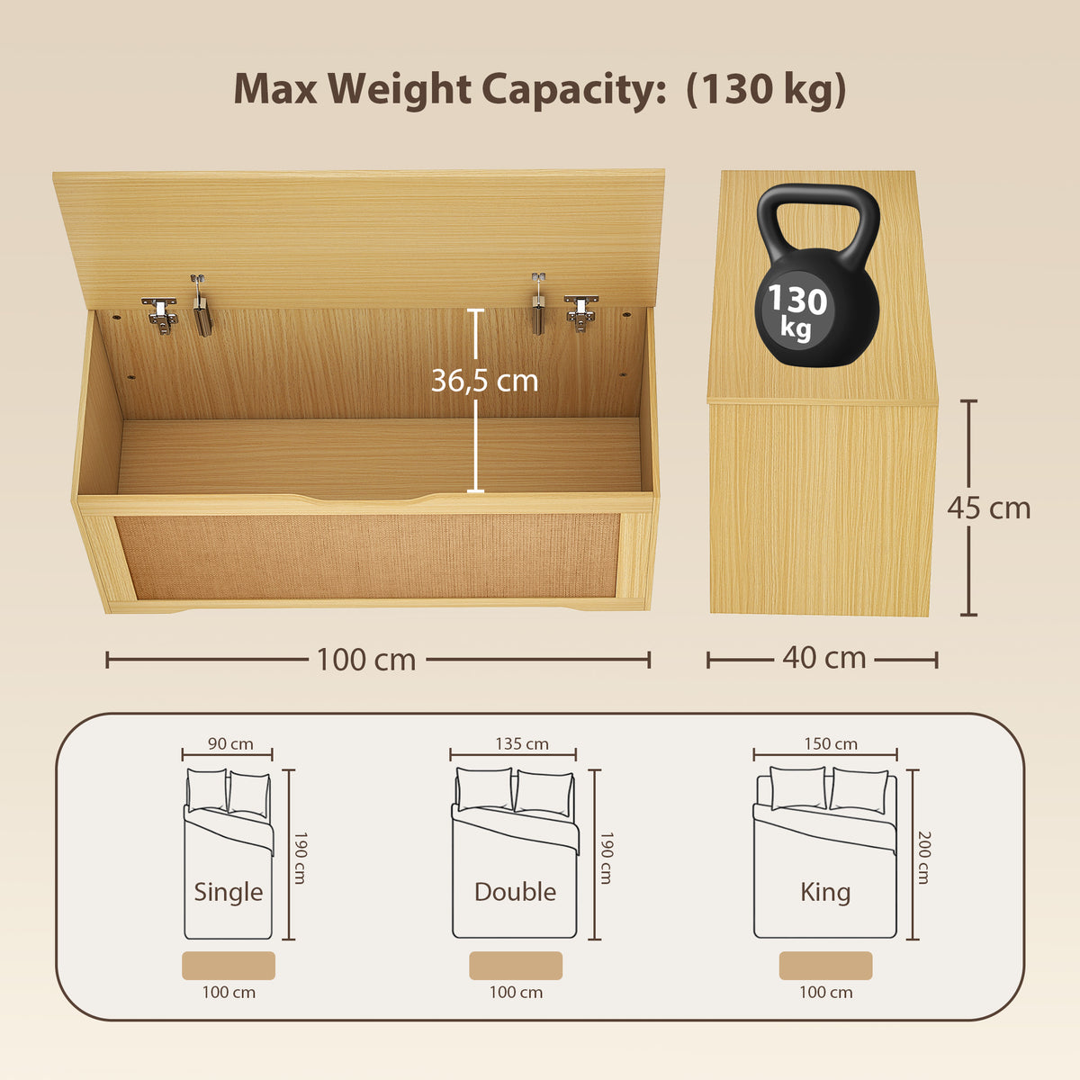 Coffre de Rangement en Rotin 136L, Banc Coffre avec Couvercle Relevable et 2 Charnières de Sécurité, Chêne