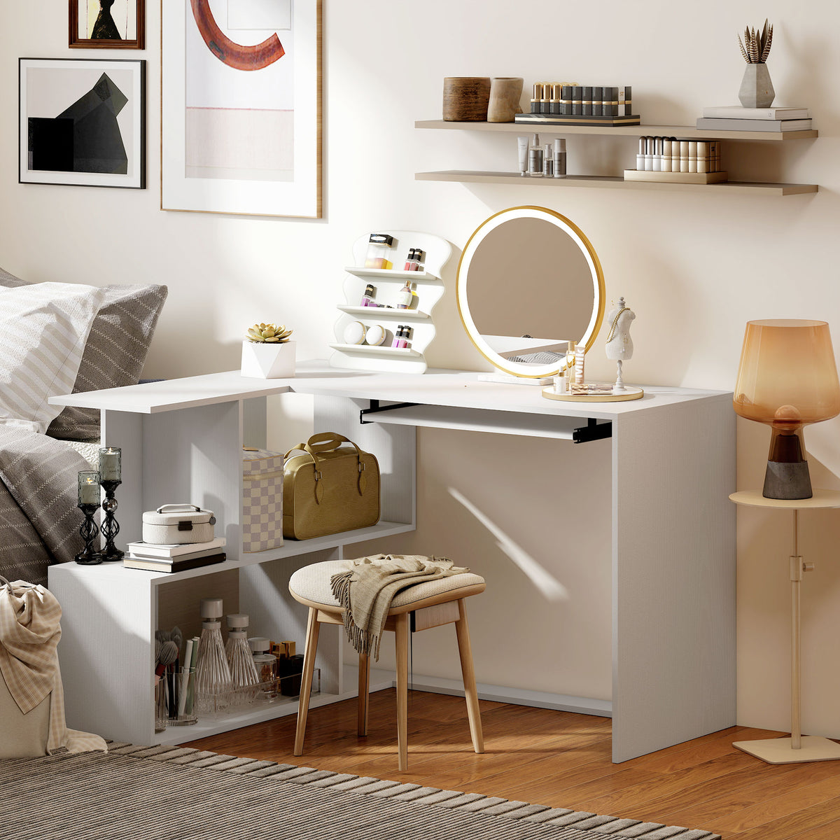 Bureau d'angle bureau en L avec étagères de rangement, plateau à clavier coulissant, 120x100x76cm, blanc