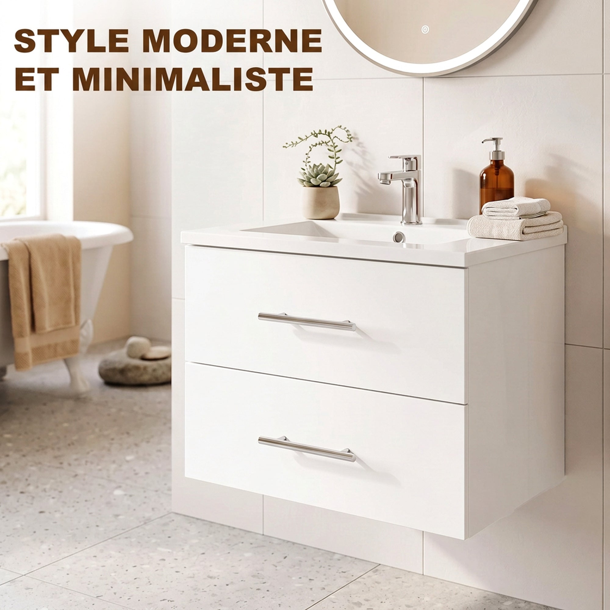 Meuble sous Lavabo Suspendu avec Vasque en Céramique, 2 Tiroirs Compartiments, Style Moderne, 61 x 40 x 48 cm, Blanc