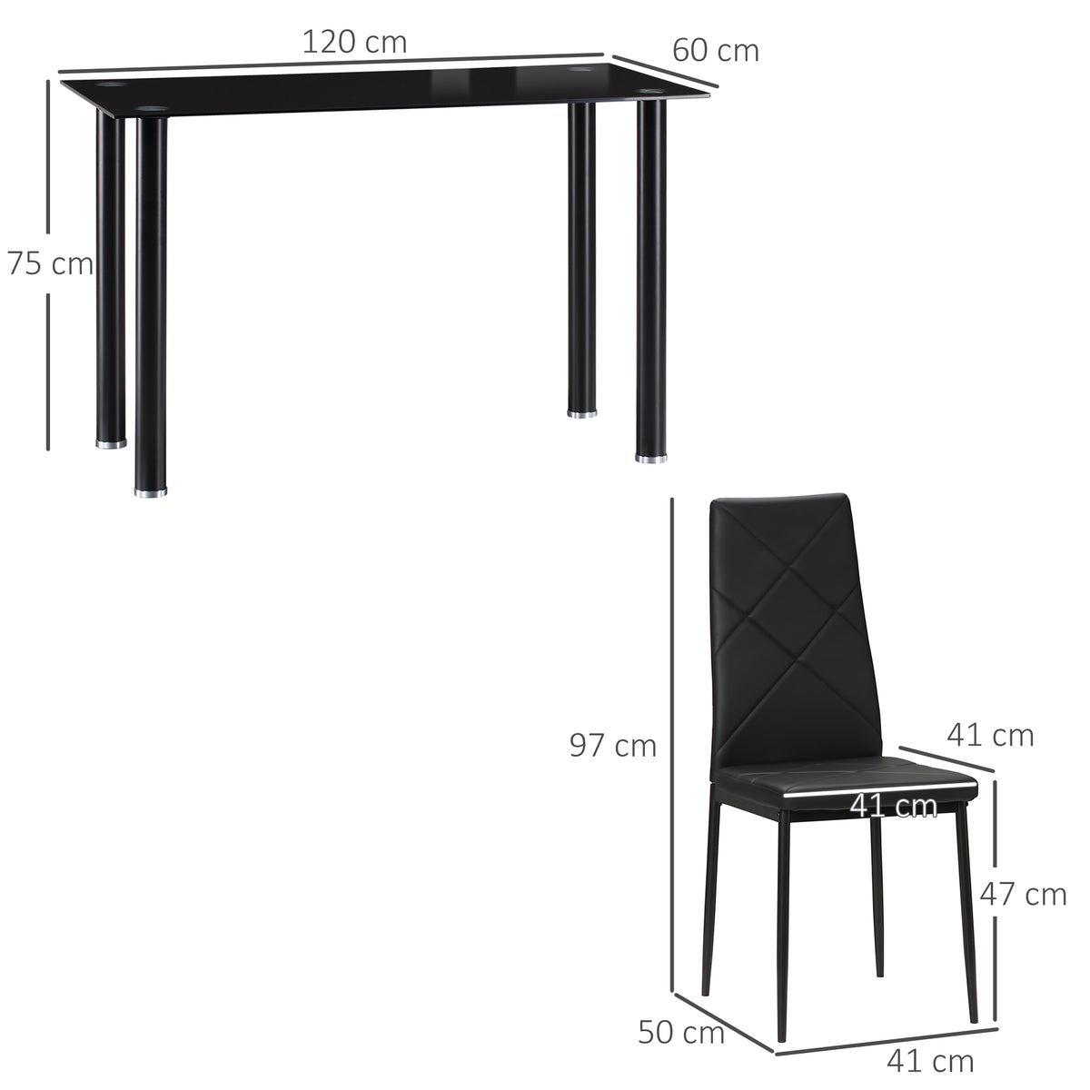 Dining table set with 4 chairs, tempered glass top, steel legs, for kitchen, living room, black