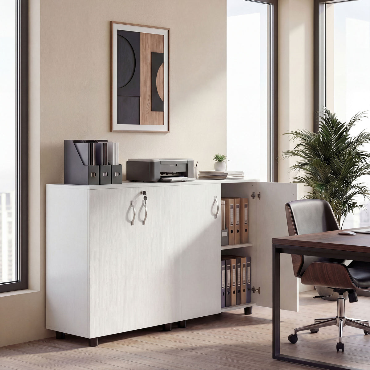 Armoire de bureau à 2 niveaux, meuble de rangement bureau avec 2 portes, serrures et clés, 80x40x80cm, blanc