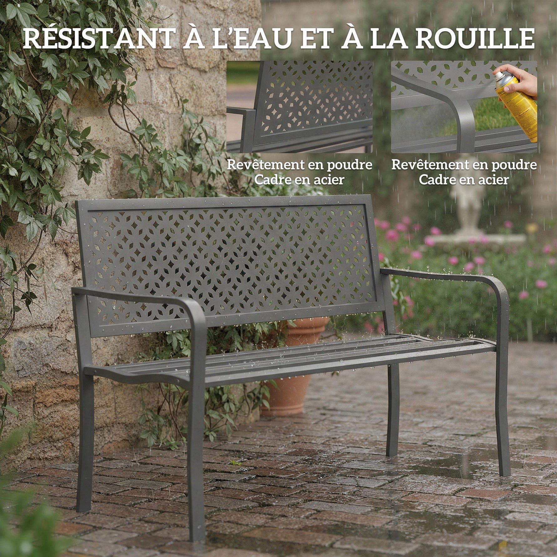Banc d'extérieur en métal, 2 places, avec dossier géométrique antirouille et accoudoirs, gris foncé